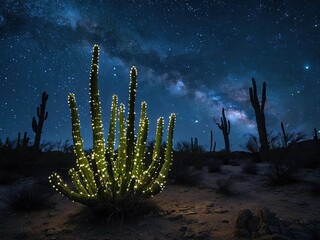 A large cactus is illuminated with string lights under the Milky Way galaxy, a unique and festive scene in the desert.