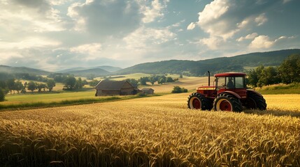 Obraz premium 88. **A traditional farm with a vintage tractor and fields of wheat.