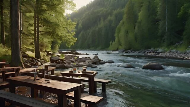 An aesthetic cafe on the banks of a large river with lots of rocks, a natural atmosphere in the middle of the forest. Seamless 4K looping timelapse video animation background