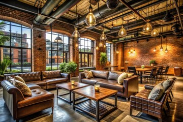 Industrial Chic Comfort: Exposed brick, metal beams, plush seating, warm lighting, inviting atmosphere