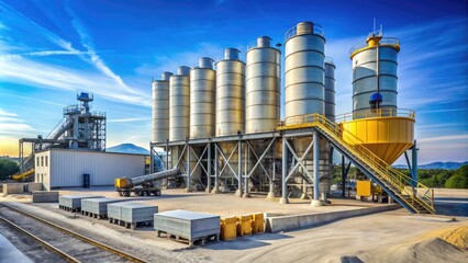 Obraz premium Industrial concrete batch plant with cement silos, conveyor belts, and mixing drums, ready to produce high-quality concrete for construction projects.