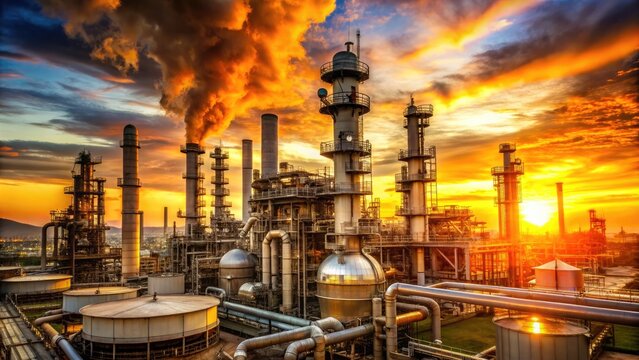 Industrial landscape of a sprawling oil and gas refinery at sunset, with rows of towering tanks, pipes, and flare stacks against a warm orange sky.