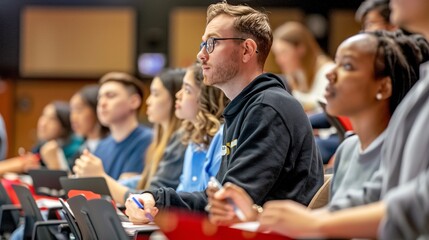 College students in a lecture hall, taking notes attentively while a professor stands at a podium