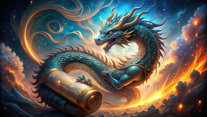 Obraz premium Intricately designed mythical dragon wrapped around a ancient scroll, adorned with mystical runes and celestial bodies, exuding wisdom and ancient mysticism in a fantasy realm.