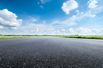 A winding asphalt road stretches across a vast open countryside landscape with a bright blue sky and fluffy white clouds above  The wide angle perspective creates a scene - Powered by Adobe