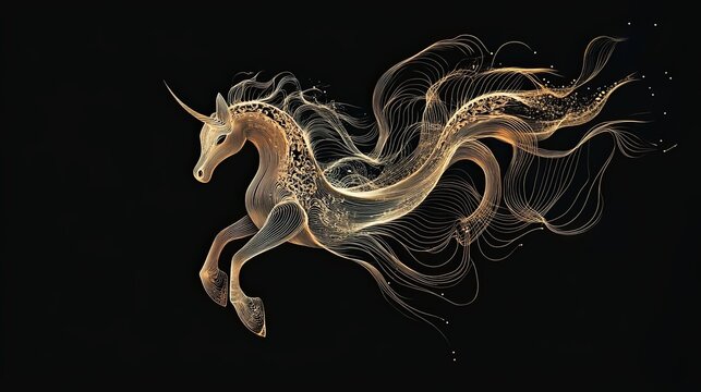 Golden Line Art Unicorn with Flowing Mane and Tail