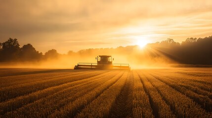 Fototapeta premium 74. **A large farm field with a combine harvester working during the golden hour.