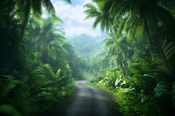 Naklejka premium Lush rainforest canopy with a winding trail weaving through the dense foliage creating a sense of thrilling adventure and discovery in a landscape