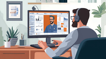 Fototapeta premium Man Engaged in Virtual Medical Consultation in Home Office