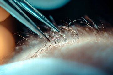 Macro shot of a hair transplant procedure with tweezers holding hair follicles, highlighting precision and detail in surgical hair restoration
