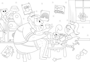 Coloring page dad and little daughter playing tea party in the children's room.
