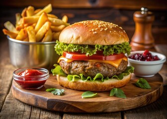 Juicy beef hamburger patty sandwiched between a toasted bun, served alongside crispy golden french fries and refreshing condiments on a traditional table setting.