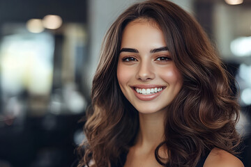 Fototapeta premium Young woman with voluminous hair smiling warmly in a stylish setting, showcasing confidence, beauty, and friendliness.
