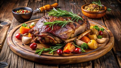 Juicy roasted lamb leg with crispy brown skin, garnished with fresh rosemary and served with roasted vegetables on a rustic wooden platter.