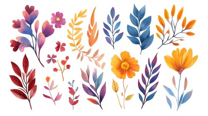 Obraz premium Watercolor floral clipart set, various leaves and flowers, pastel colors, white background, vector illustration style, simple design, high resolution, no shadows, cute, detailed, watercolor texture