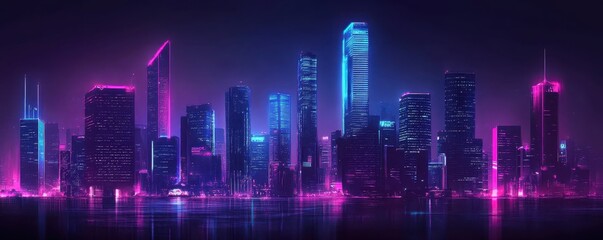 Vibrant neon-lit city skyline at night with modern skyscrapers reflecting on a calm water surface, creating a futuristic urban landscape.