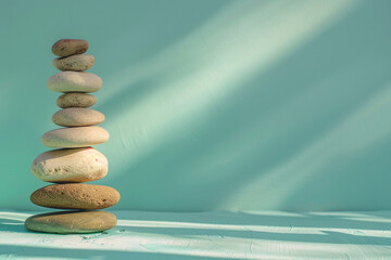 Obraz premium Pebble tower balance harmony pyramid stones arrangement on calm green relaxing background. Simple poise stones, simplicity harmony and balance, rock zen sculptures concept