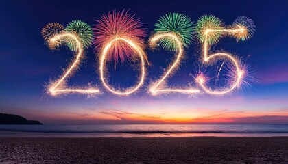 Sparkler 2025 text colorful firework illumination on dark blue sky background, happy new year 2025 concept