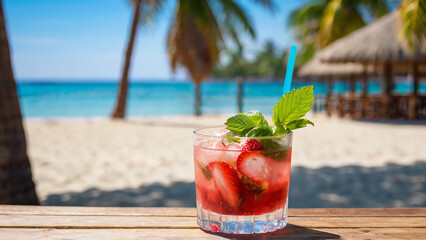 Fresh cold strawberry mojito cocktail glass in a wooden table with beach landscape.