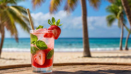 Fresh cold strawberry mojito cocktail glass in a wooden table with beach landscape.