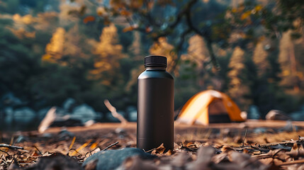 A black water bottle stands on a bed of leaves in the forest. A tent is blurred in the background.