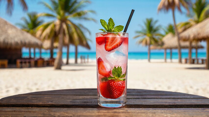 Fresh cold strawberry mojito cocktail glass in a wooden table with beach landscape.