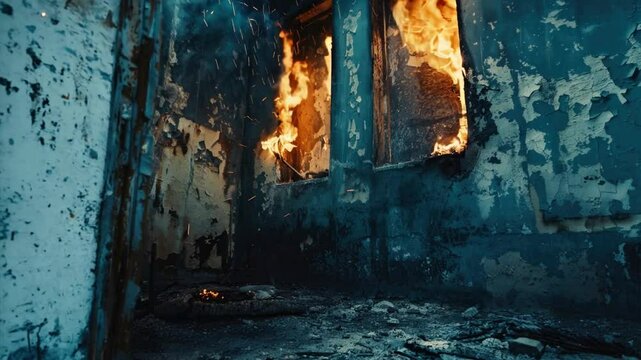 The Aftermath: A haunting image of a fire-ravaged building, capturing the raw destruction and vulnerability in the wake of disaster. The charred walls and broken windows tell a story of loss and resil