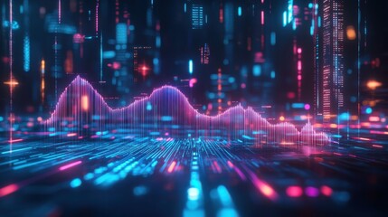 Vibrant abstract data visualization with glowing lines and digital elements, representing technology and innovation in a futuristic space.