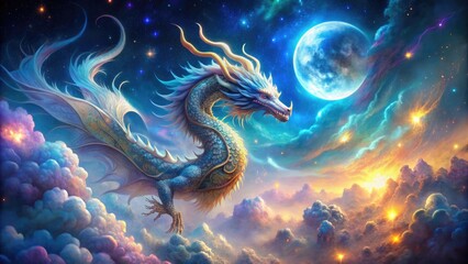 Magnificent dragon emerges from swirling mist, surrounded by intricate, shimmering stars and crescent moon, in a mystical, dreamlike fantasy artwork with vibrant, ethereal colors.