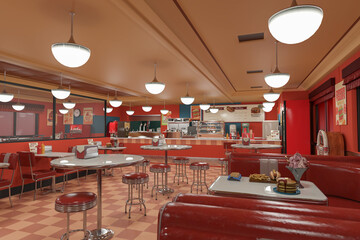 Interior of a vintage American diner with red vinyl seats and checked floor. 3D render.