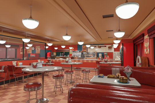 Interior of a vintage American diner with red vinyl seats and checked floor. 3D render.