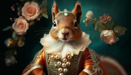 The Squirrel Countess A whimsical portrait of a squirrel dressed in a lavish Renaissance gown, adorned with pearls and flowers, evoking a sense of playful royalty.