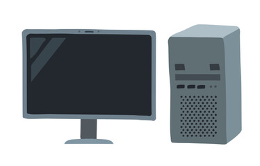 Hand drawn vector illustration of desktop computer with screen isolated on background. IT technology, work from home, business connection concept. Vector object, icon clipart, flat design