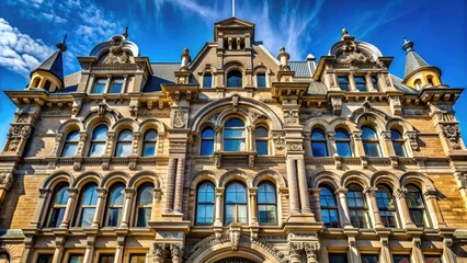 Fototapeta premium Majestic 19th-century historic building facade with ornate stonework, arched windows, and intricate carvings, set against a clear blue sky in a bustling urban landscape.