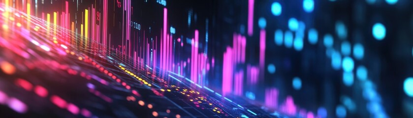 Fototapeta premium Vibrant digital wave with colorful bars and glowing lights, ideal for technology and music backgrounds.
