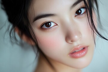 Fototapeta premium Close-up portrait of young Asian beautiful woman with K-beauty make up style and healthy and perfect skin. Facial and skin care concept for commercial advertising.generative ai