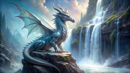 Obraz premium Majestic dragon emerges from misty veil, its scales shimmering with frosty iridescence as it rises from the heart of a serene, glacial waterfall.