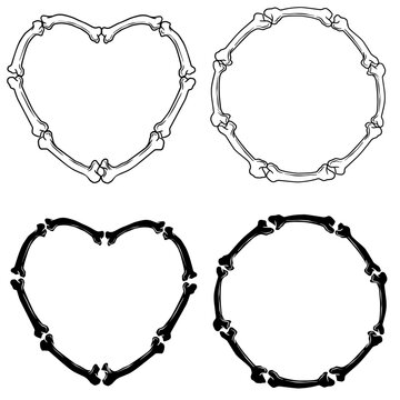 Round bone frame and heart in black and white vector illustration