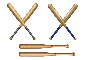 An illustration of two sets of crossed wooden baseball bats, with one set having black handles and the other blue. Below the crossed bats, two baseball bats are displayed parallel to each other, each 