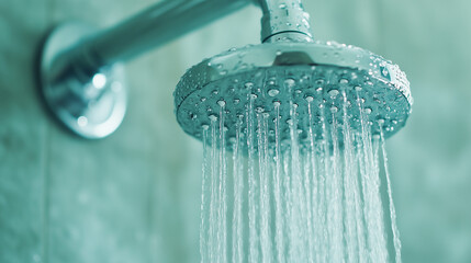 Close up of shower head with running water/banner/design/poster