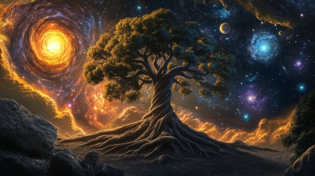 Painting of A Yggdrasil tree stands amidst a cosmic landscape filled with galaxies and swirling stars, symbolizing growth and connection.