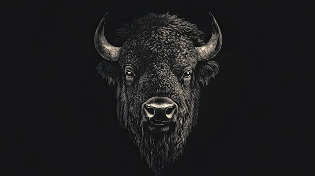 A Detailed Black and White Illustration of a Bison's Face