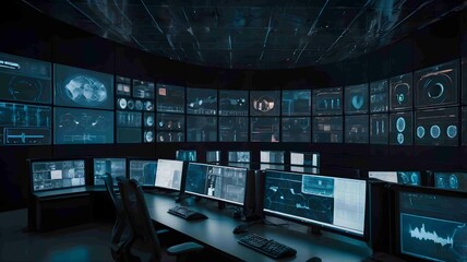 Futuristic Control Room with Multiple Digital Screens for Global Monitoring. Generated AI