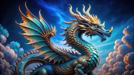 Fototapeta premium Majestic dragon sculpture with intricate scales and wings, showcasing exceptional craftsmanship and remarkable design, set against a vibrant blue background with subtle gradients.