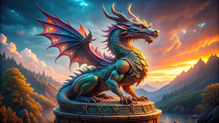 Fototapeta premium Majestic dragon sculpture with vibrant scales and intricate details sits atop a stone pedestal, radiating an aura of mystical power and ancient wisdom.