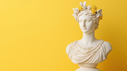 Statue in pastel yellows, with modern tech, symbolizing the enduring relevance of ancient art