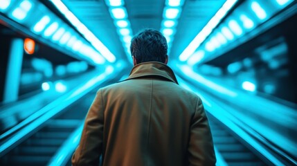 Back view of a person in a brown coat walking through a neon-lit tunnel with vibrant blue lights, creating a futuristic and surreal atmosphere in an urban setting.