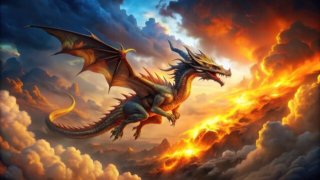 Majestic dragon soars through fiery clouds, its scales glinting like gold as it unleashes a powerful blast of flames against a dramatic, stormy sky backdrop.