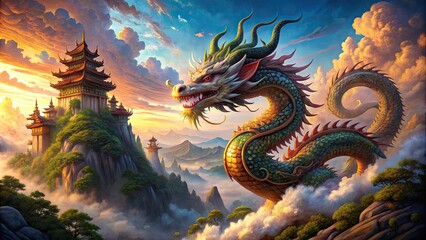Fototapeta premium Majestic dragon sprawled across a vibrant, mythical landscape, surrounded by swirling clouds, ancient ruins, and intricate, ornate carvings, exuding power and mystical energy.