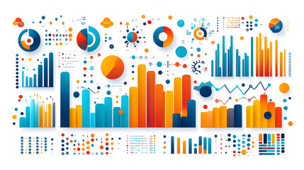 Obraz premium Analytical Graphs: Vector illustration of various analytical business graphs with vibrant colors, neatly arranged on a white background for clear data presentation.